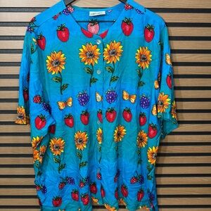 Vintage Kathie Lee Vibrant Blue Floral and Fruit Shirt